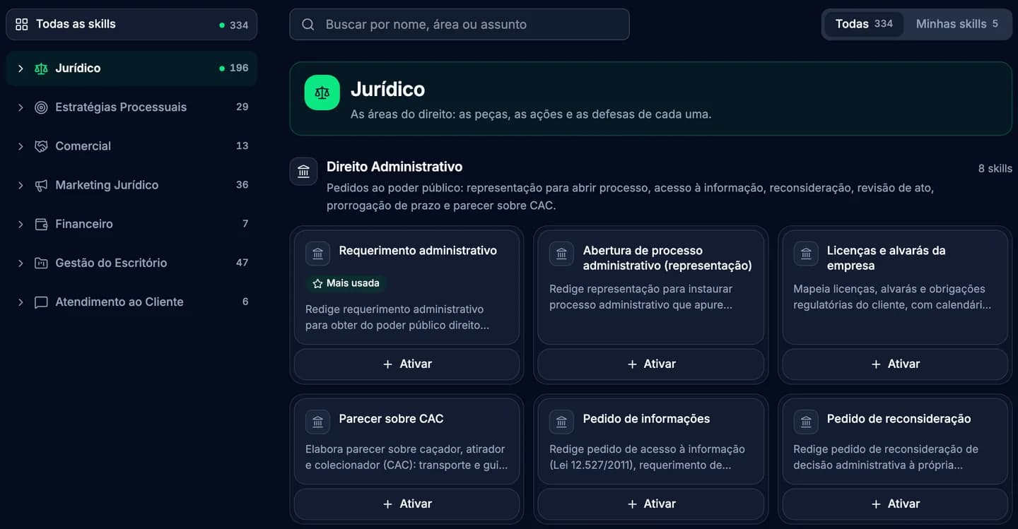 Tela real das Skills na conta do ChatADV: as categorias, do jurídico ao escritório, e as skills para ativar