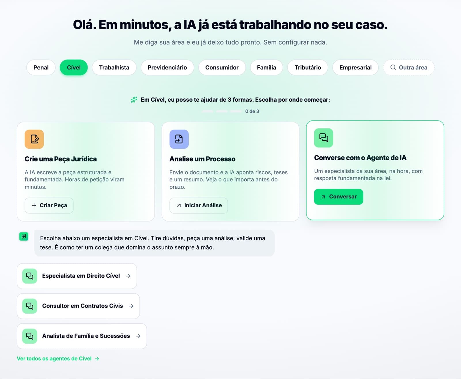 Tela Começar do ChatADV com a opção Converse com um Agente, usada por advogados previdenciaristas para consultar agentes de inteligência artificial para Direito Previdenciário