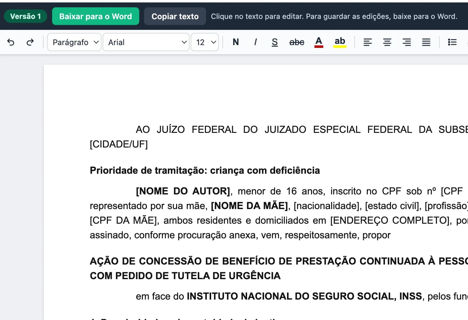 Tela real da IA do ChatADV: a peça aberta no editor, com versões e o botão Baixar para o Word
