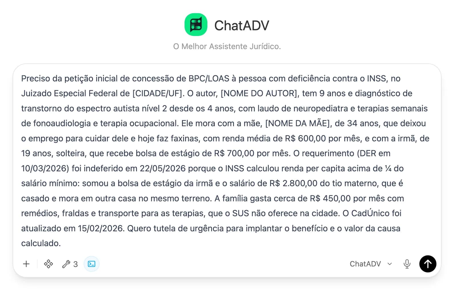 Tela real da IA do ChatADV: o pedido de uma petição escrito com as palavras do advogado, como se fala com um colega