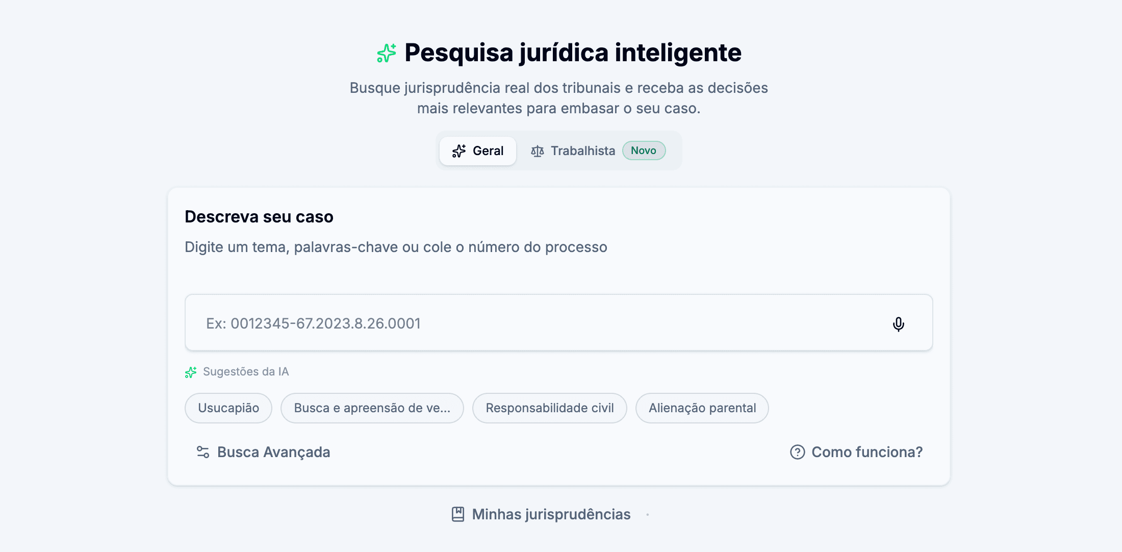 Tela Pesquisa jurídica inteligente do ChatADV, com busca geral e trabalhista, para pesquisar jurisprudência em Direito Trabalhista