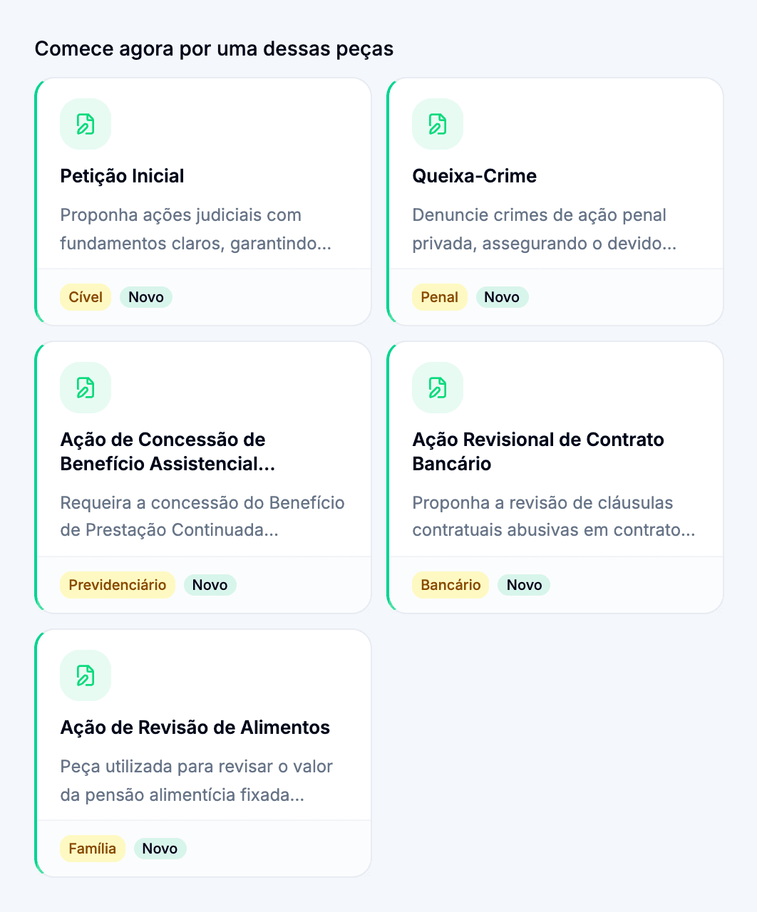 Catálogo de peças jurídicas do ChatADV com modelos por área do direito, incluindo Direito Trabalhista
