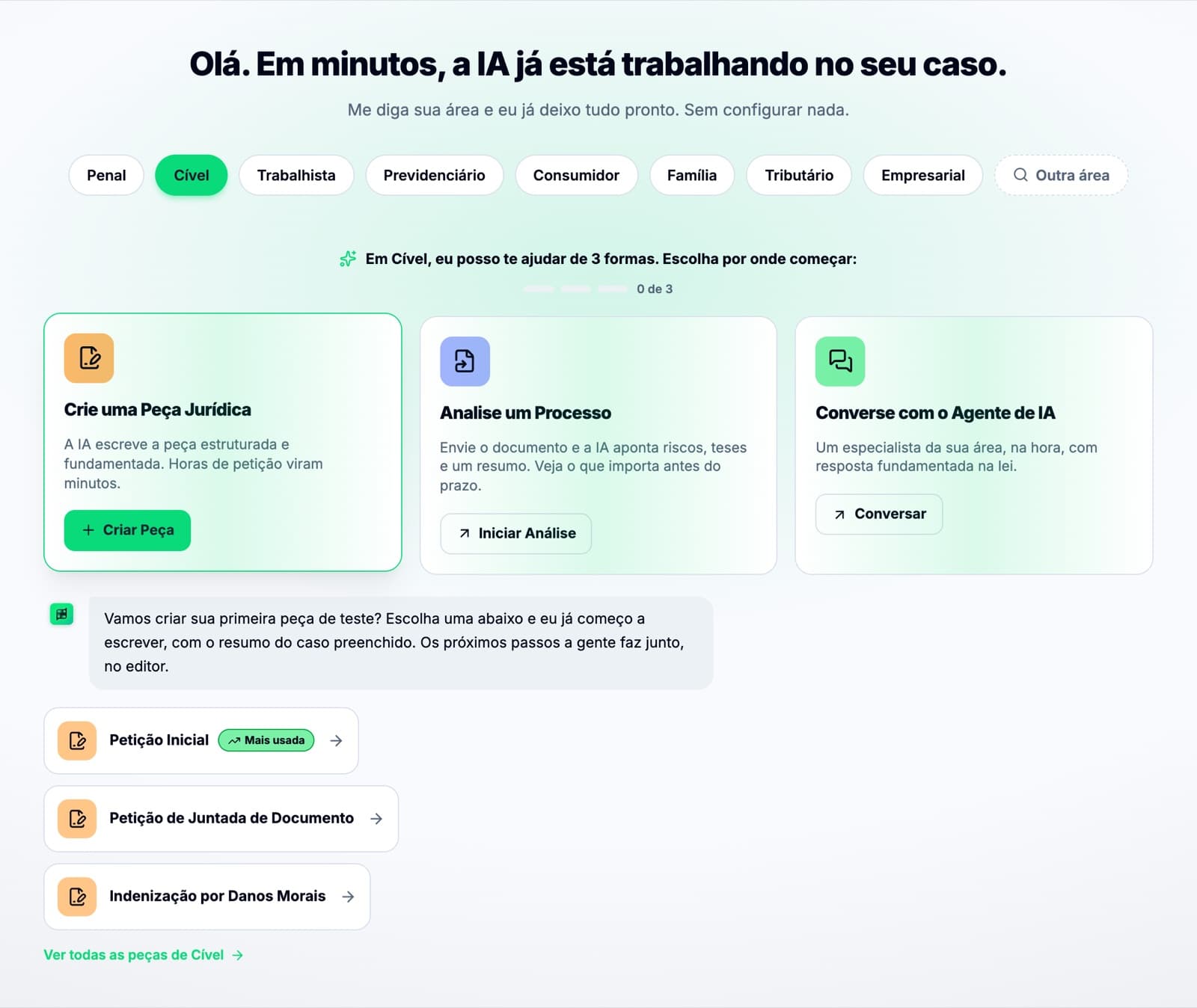 Tela Começar do ChatADV com a opção Crie uma Peça, usada por advogados do consumidor para redigir peças com inteligência artificial
