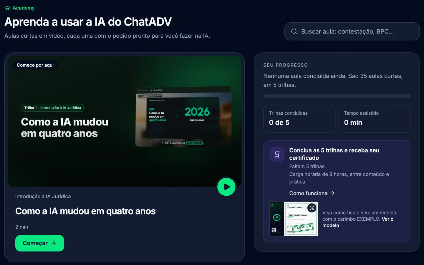 Tela real da Academy do ChatADV: a primeira aula da Introdução à IA Jurídica, o progresso nas 5 trilhas e o convite para o certificado