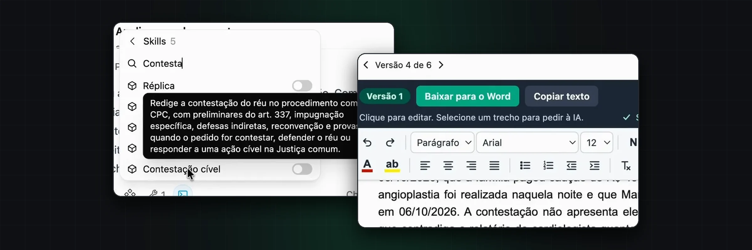 Skill de contestação na IA do ChatADV e uma réplica aberta no editor com versões