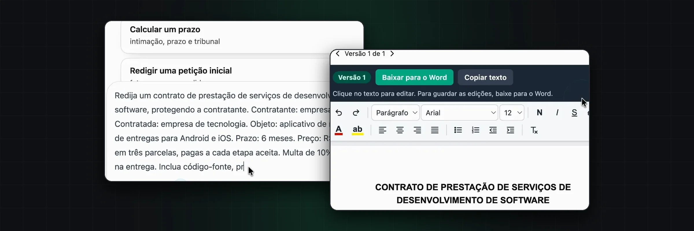 Pedido de contrato na IA do ChatADV e o contrato aberto no editor