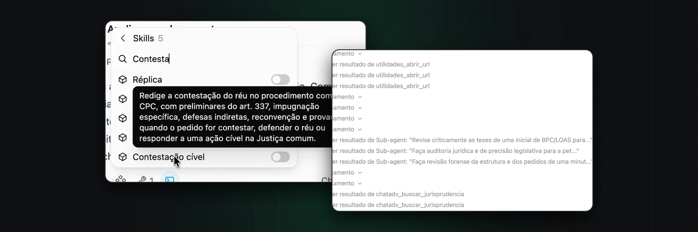 Skills da IA do ChatADV e a IA trabalhando numa peça