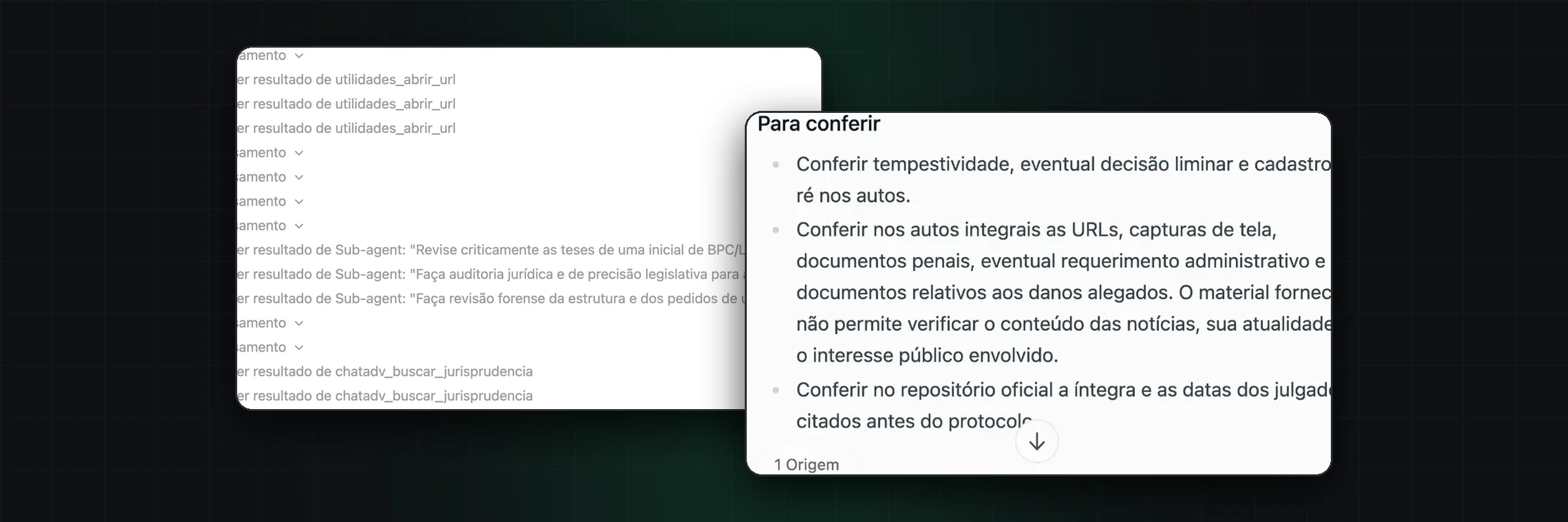 A IA do ChatADV pesquisando jurisprudência e a lista Para conferir de uma contestação