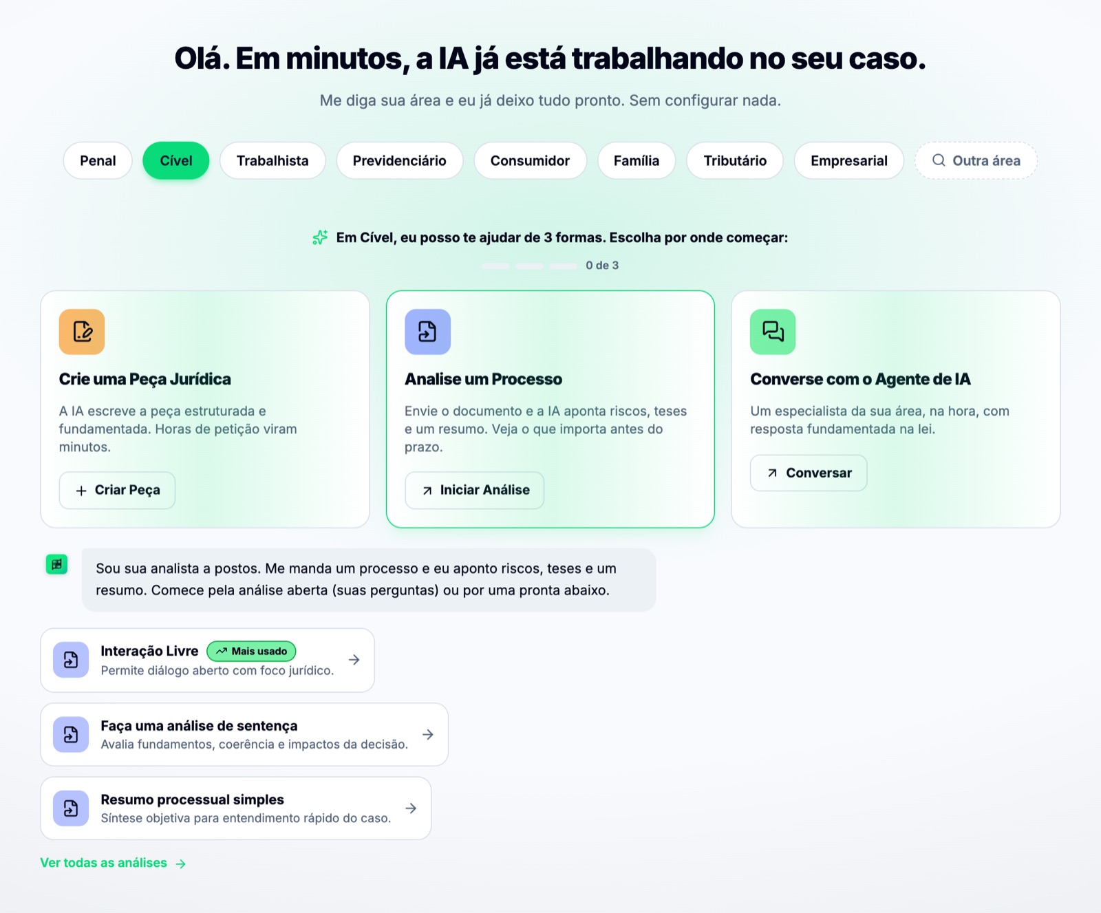 Tela Começar do ChatADV com a opção Analise um Processo e análises prontas, como Resumo processual simples