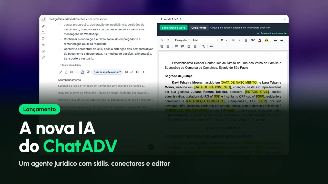 Capa do vídeo: a nova IA do ChatADV, um agente jurídico com skills, conectores e editor.