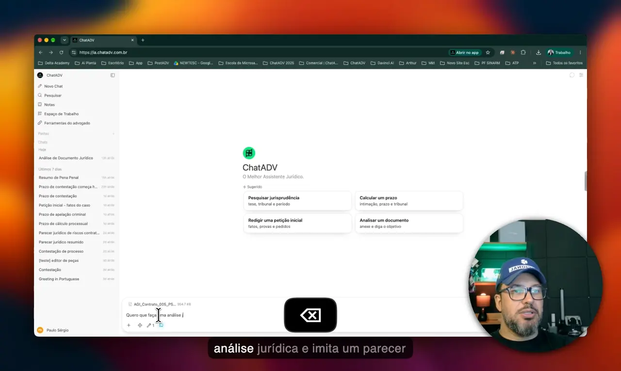 Paulo Dantas demonstrando a nova IA do ChatADV: o pedido de um parecer jurídico sendo escrito na tela