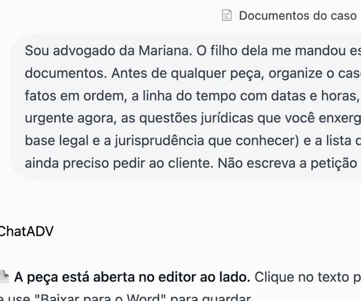 Tela real da IA do ChatADV: o pedido para organizar o caso antes de qualquer peça, com os documentos anexados