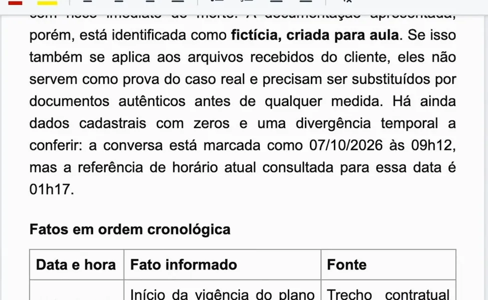 Tela real da IA do ChatADV: o começo da análise, que avisa que os documentos são de um caso fictício e abre os fatos em ordem cronológica