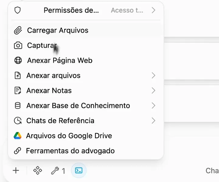 Tela real da IA do ChatADV: o menu do botão de mais, com a opção Carregar Arquivos