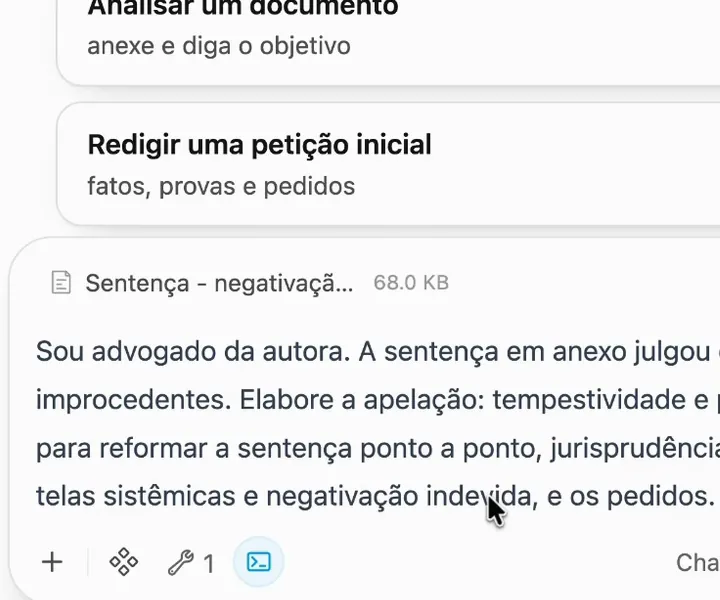 Tela real da IA do ChatADV: a sentença anexada e o pedido da apelação escrito na caixa de mensagem