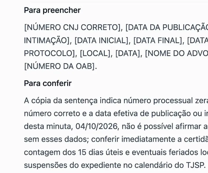 Tela real da IA do ChatADV: as listas Para preencher e Para conferir da apelação, com a contagem dos quinze dias úteis