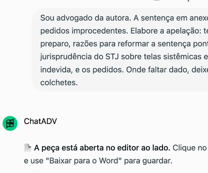 Tela real da IA do ChatADV: o pedido enviado e a resposta avisando que a apelação está aberta no editor