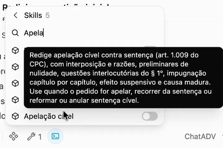 Tela real da IA do ChatADV: a busca por apelação em Skills e a descrição do roteiro de apelação cível, com o art. 1.009 do CPC