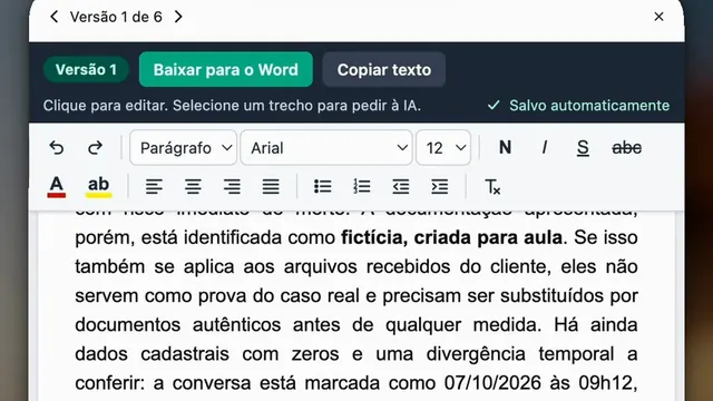 Tela real da IA do ChatADV: a análise do caso no editor, com os fatos em ordem cronológica