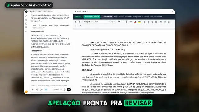 Tela real da IA do ChatADV: a apelação pronta no editor, ao lado da conversa