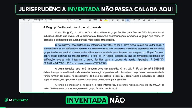 Tela real da IA do ChatADV: a citação que não veio da pesquisa chega sinalizada para conferir