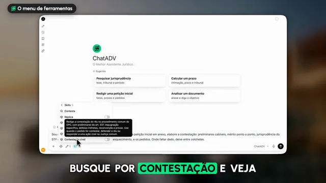 Tela real da IA do ChatADV: o roteiro de contestação aberto no menu de Skills