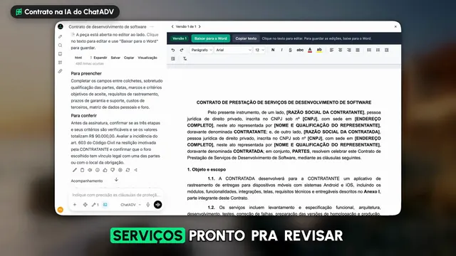 Tela real da IA do ChatADV: o contrato de prestação de serviços pronto no editor
