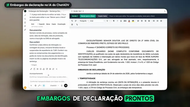 Tela real da IA do ChatADV: os embargos de declaração prontos no editor