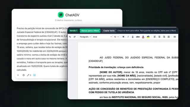 Telas reais da IA do ChatADV: o pedido de uma petição inicial em linguagem comum e a inicial aberta no editor