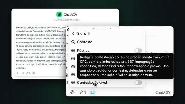 Telas reais da IA do ChatADV: um pedido em linguagem comum e a descrição da skill de contestação
