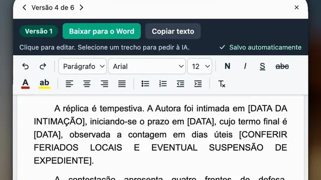 Tela real da IA do ChatADV: a réplica aberta no editor, com a tempestividade e a síntese da defesa