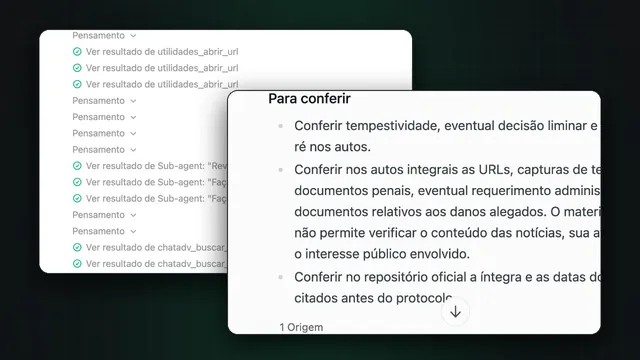 Telas reais da IA do ChatADV: a pesquisa de jurisprudência com os especialistas revisando e a lista Para conferir