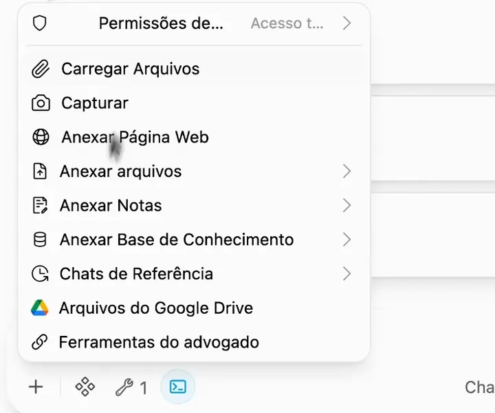 Tela real da IA do ChatADV: o menu do botão de mais, com a opção Carregar Arquivos