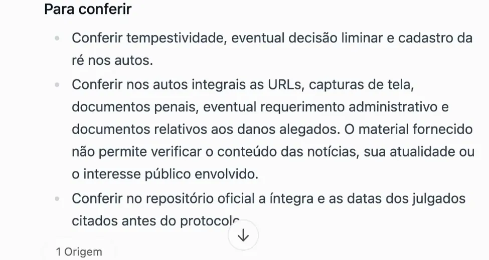Tela real da IA do ChatADV: a lista Para conferir da contestação, com a tempestividade e os documentos a checar nos autos