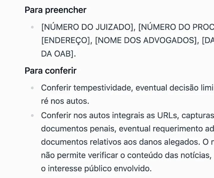 Tela real da IA do ChatADV: as listas Para preencher e Para conferir deixadas pela IA na contestação