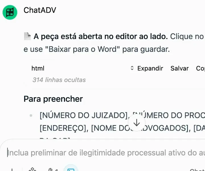 Tela real da IA do ChatADV: a resposta avisando que a peça está aberta no editor ao lado, com a lista Para preencher