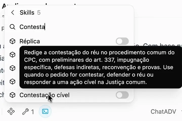 Tela real da IA do ChatADV: a busca por contestação em Skills e a descrição do roteiro, com as preliminares do art. 337 do CPC