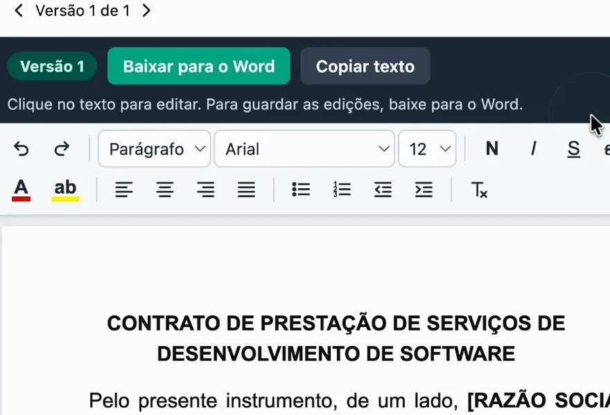 Tela real da IA do ChatADV: o contrato de prestação de serviços no editor, com o botão Baixar para o Word