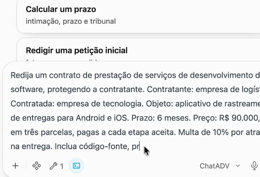 Tela real da IA do ChatADV: o pedido do contrato de prestação de serviços escrito na caixa de mensagem