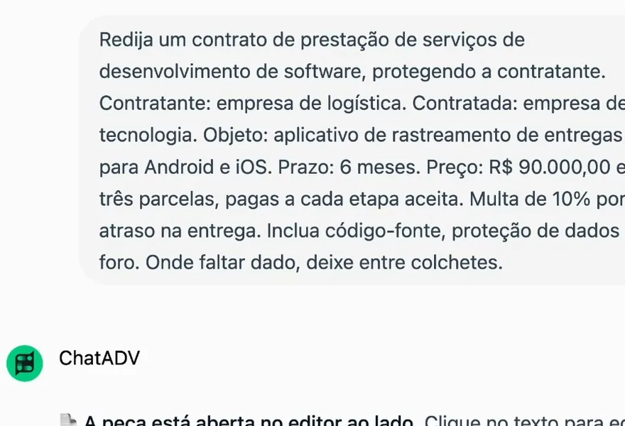 Tela real da IA do ChatADV: o pedido enviado e a resposta avisando que o contrato está aberto no editor