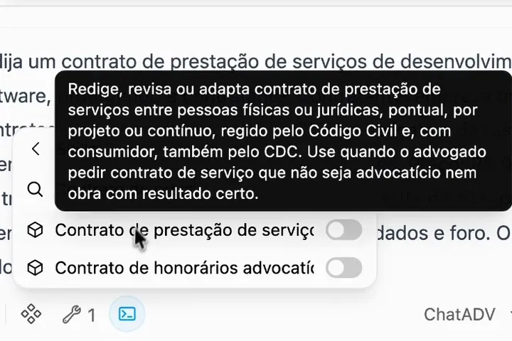 Tela real da IA do ChatADV: a busca por contrato em Skills e a descrição do roteiro de prestação de serviços, regido pelo Código Civil