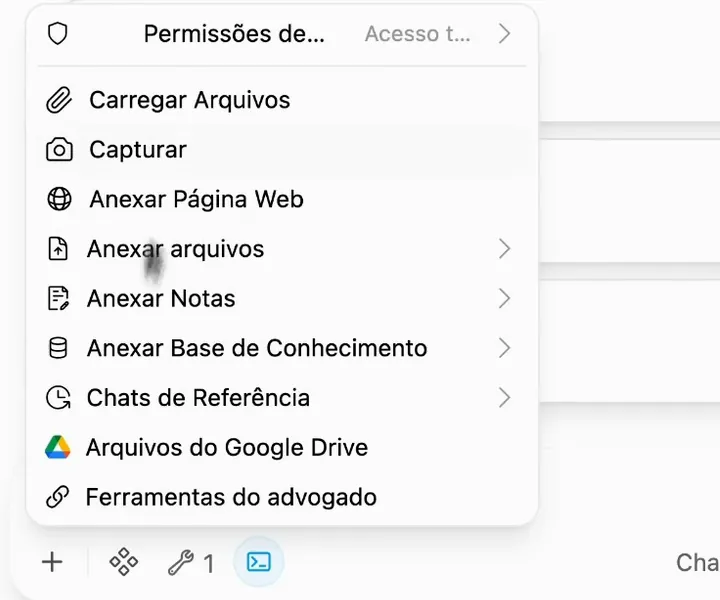 Tela real da IA do ChatADV: o menu do botão de mais, com a opção Carregar Arquivos