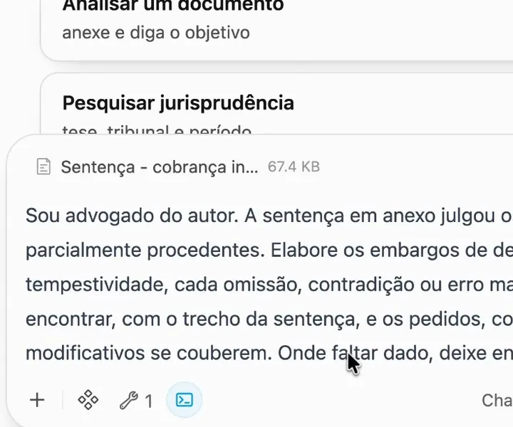Tela real da IA do ChatADV: a sentença anexada e o pedido dos embargos de declaração