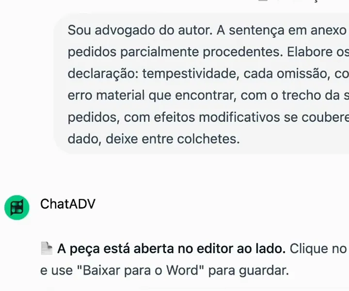 Tela real da IA do ChatADV: o pedido enviado e a resposta avisando que os embargos estão abertos no editor