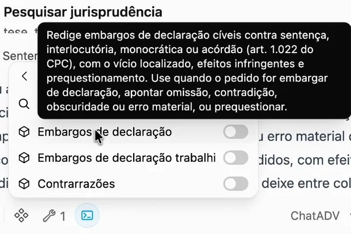 Tela real da IA do ChatADV: a busca por embargos em Skills e a descrição do roteiro, com o art. 1.022 do CPC
