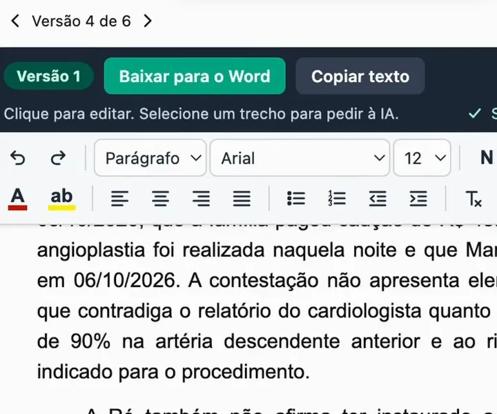 Tela real da IA do ChatADV: a réplica no editor, com os botões Baixar para o Word e Copiar texto