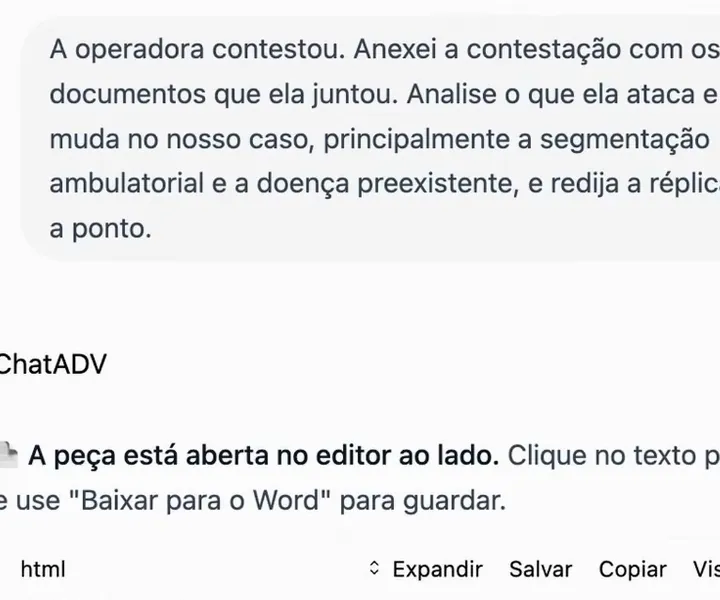 Tela real da IA do ChatADV: o pedido de análise da contestação e da réplica, ponto a ponto