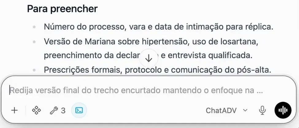 Tela real da IA do ChatADV: a lista Para preencher da réplica, com o número do processo, a vara e a data da intimação