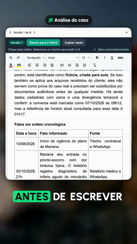 Vídeo real da IA do ChatADV: a análise do caso no editor, com os fatos em ordem cronológica e a fonte de cada um