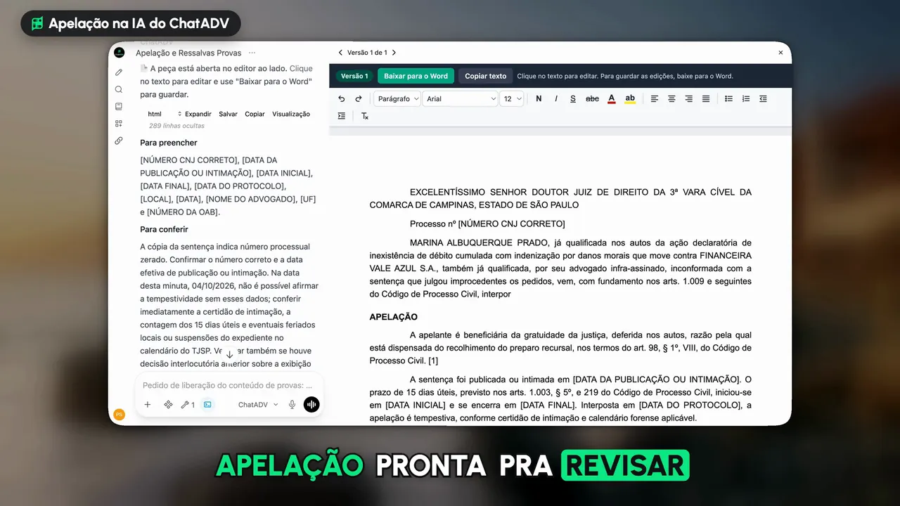 Tutorial real da IA do ChatADV: a apelação pronta no editor, com as listas Para preencher e Para conferir ao lado